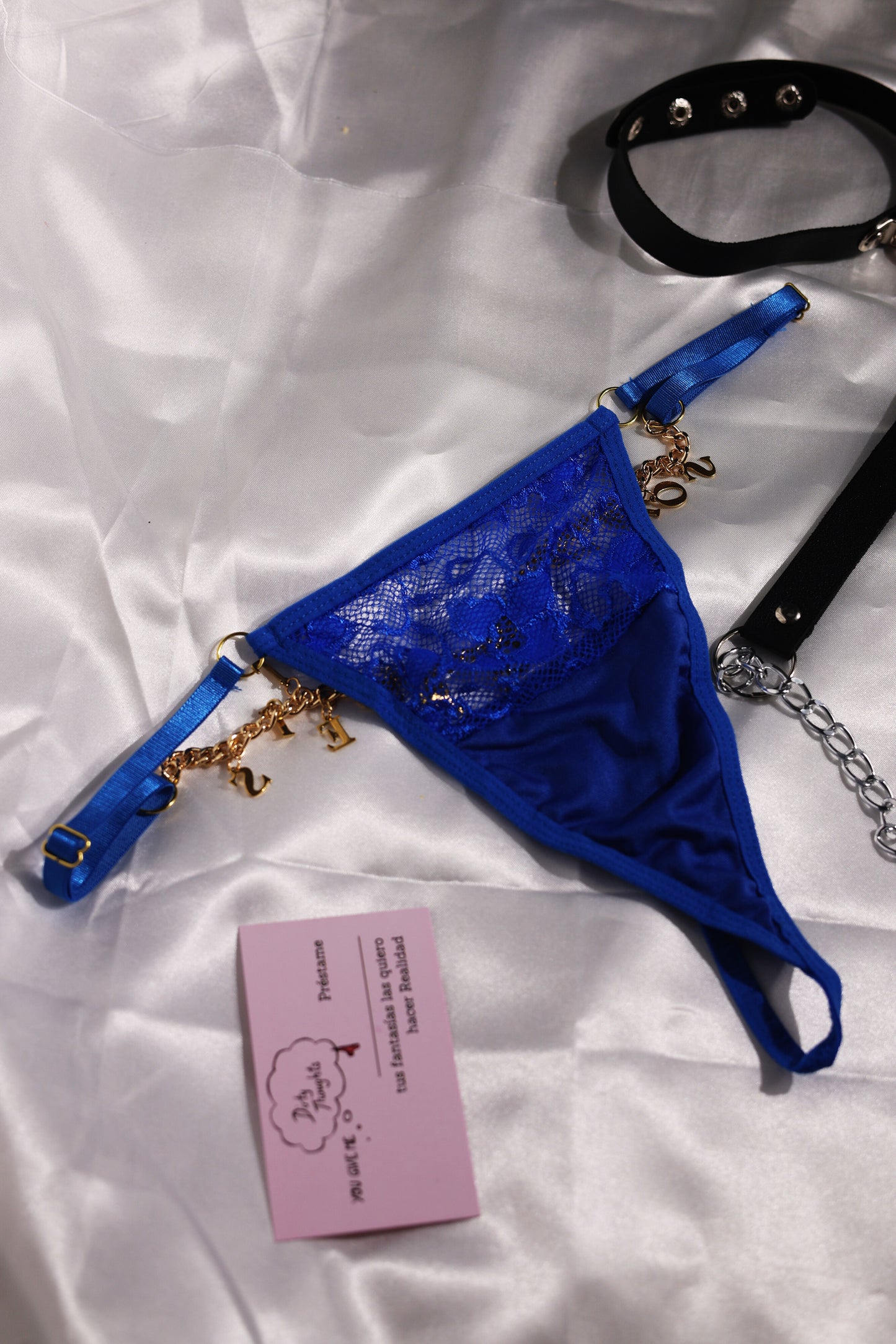 Custom G-String Thong with Lace, Chain, and Hanging Letters