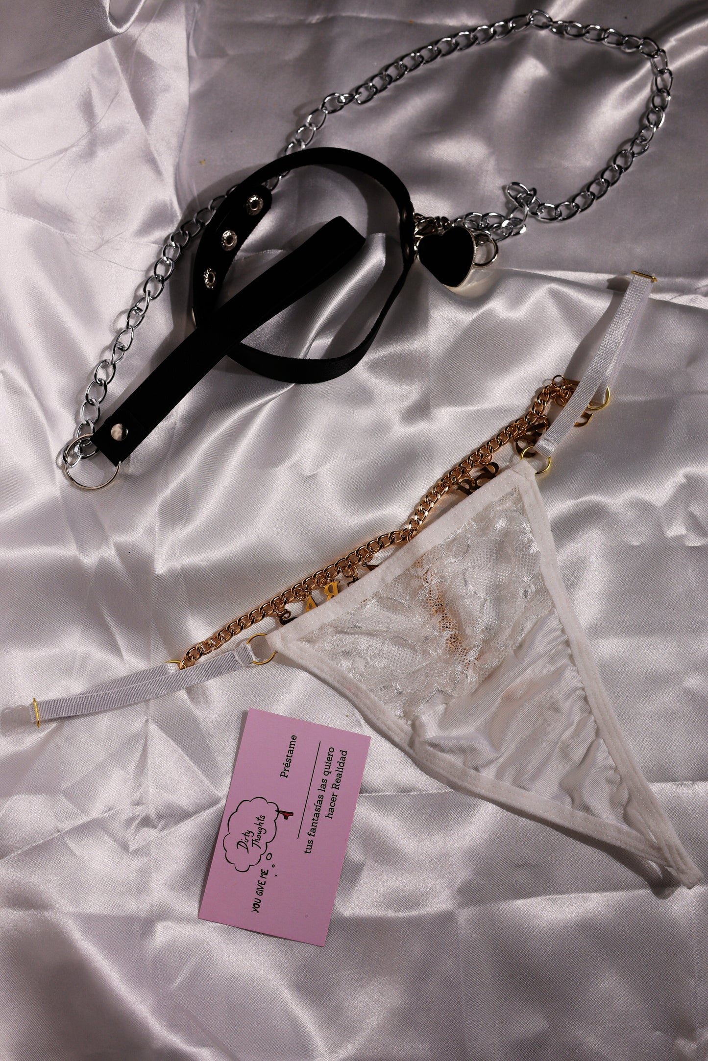 Custom G-String Thong with Lace, Chain, and Hanging Letters
