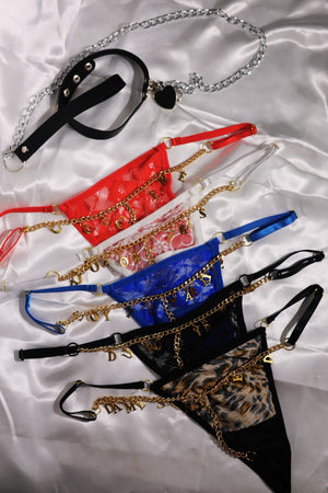 Custom G-String Thong with Lace, Chain, and Hanging Letters One Size