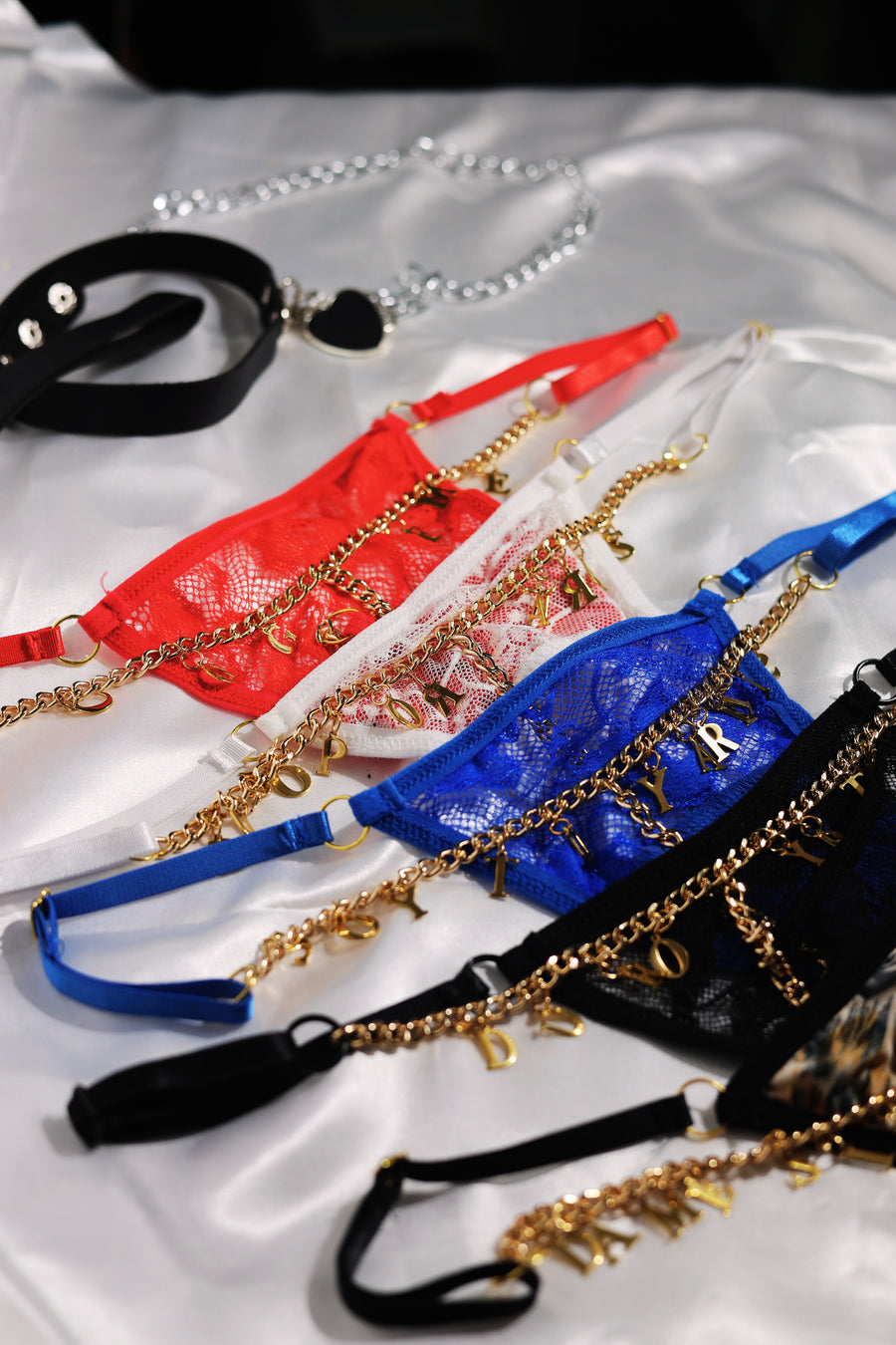 Custom G-String Thong with Lace, Chain, and Hanging Letters